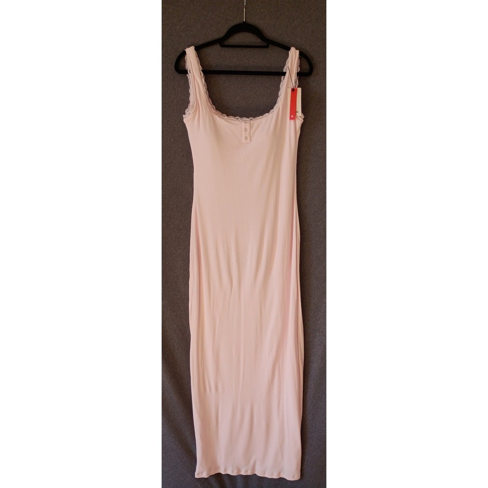Popilush Pink Ribbed Built-In Shapewear Maxi Dress Lace Trim Henley XXL Coquette